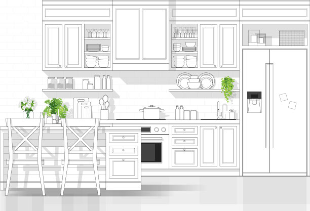 现代厨房的黑色线条草图图片下载
