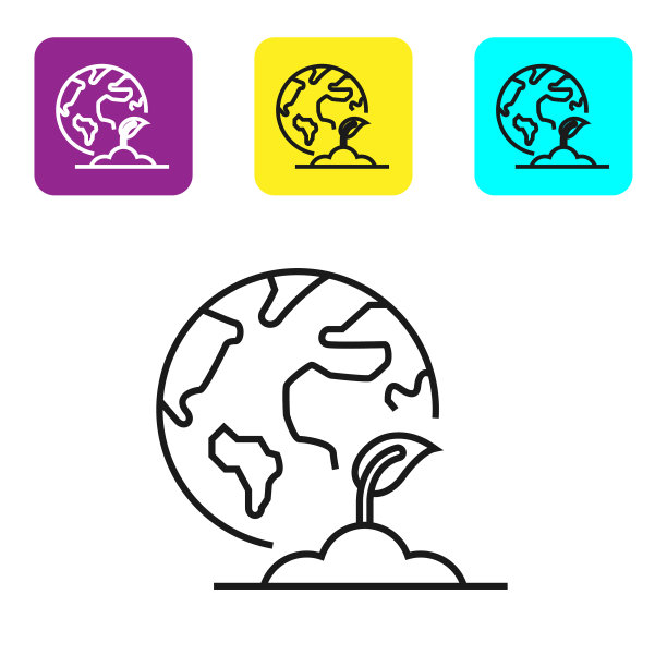 黑线地球仪和植物图标隔离图片下载