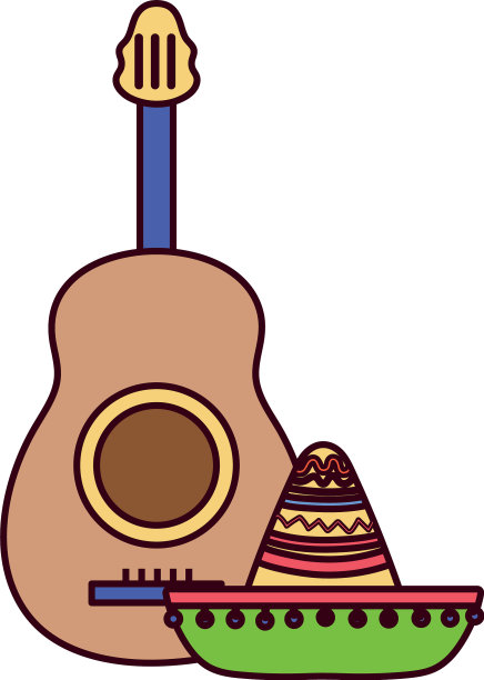 孤立的墨西哥吉他和帽子设计图片下载