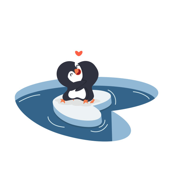 可爱的企鹅夫妇在一块冰山上拥抱图片下载