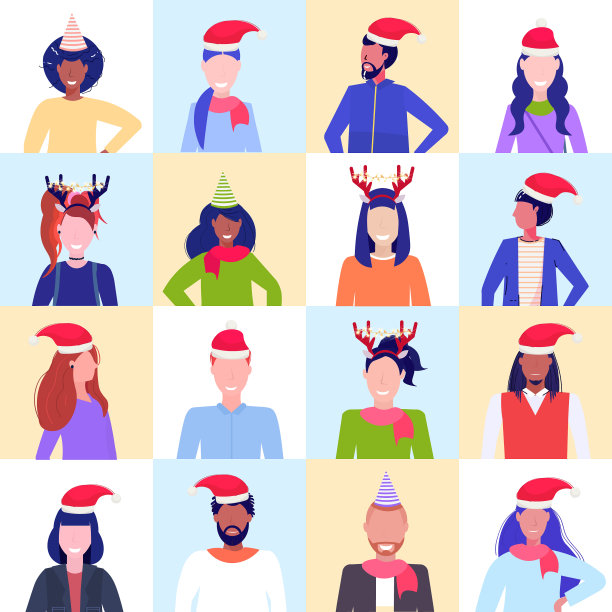 设置混合种族的人戴着圣诞老人的帽子和角图片下载