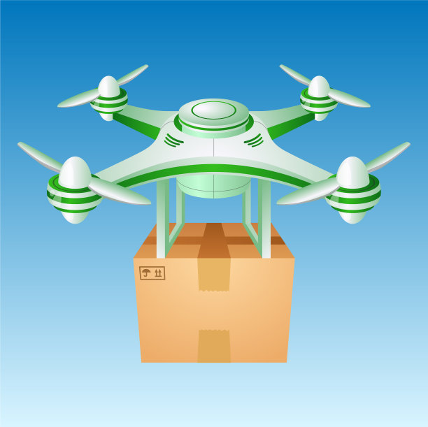 带着盒子的绿色快递无人机正在飞行图片下载
