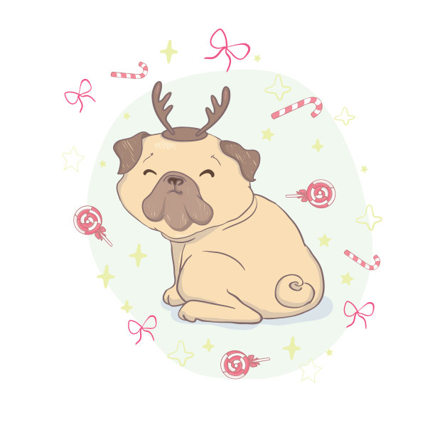 小狗哈巴狗戴着圣诞老人的帽子和圣诞玩具图片下载