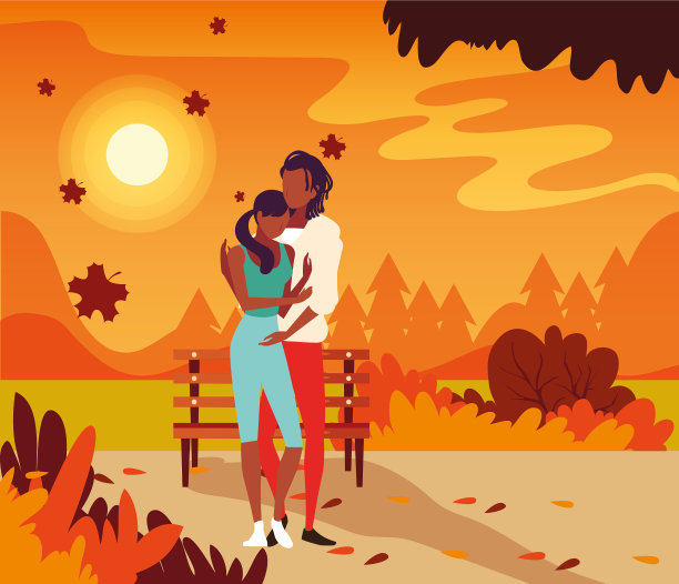 一对情侣秋天在公园散步图片下载