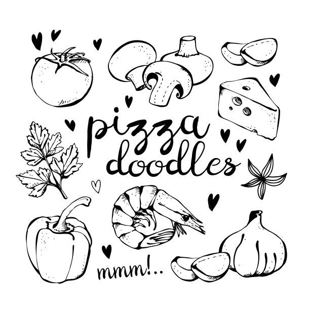 披萨配料的涂鸦设置孤立的白色图片下载