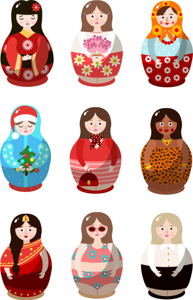 套套的玩偶穿着五颜六色的服装图片下载