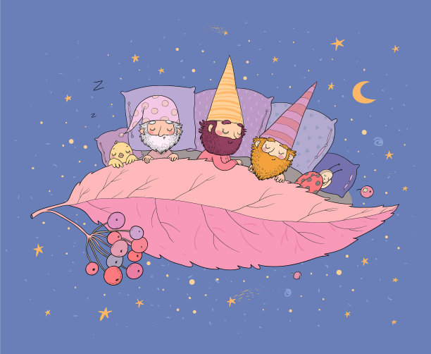 三个侏儒睡在树叶森林精灵下图片下载