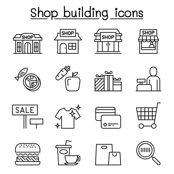 商店大楼购物中心超市图标设置图片下载