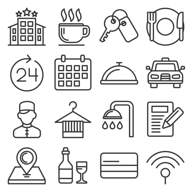 酒店客房服务相关图标设置线条风格图片下载