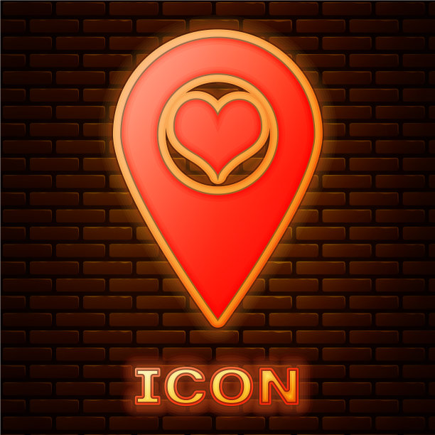 发光的霓虹灯地图指针与心脏图标孤立图片下载