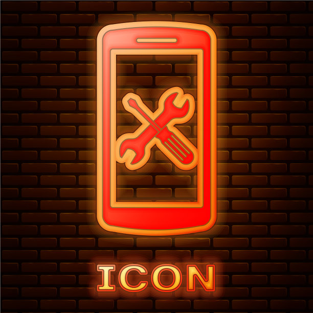 发光的霓虹灯智能手机，螺丝刀和图片下载