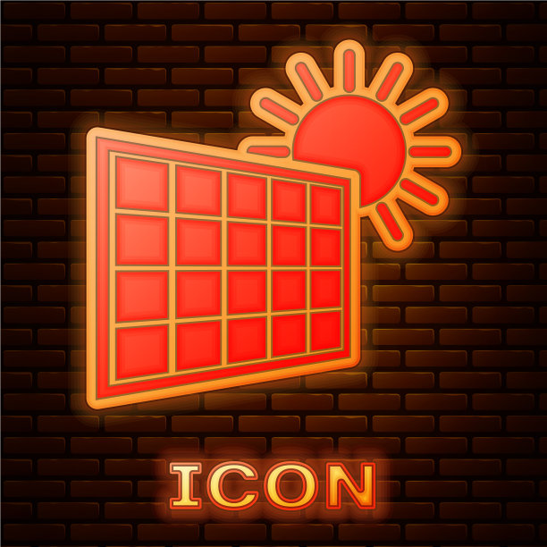 发光的霓虹灯太阳能电池板和太阳图标图片下载