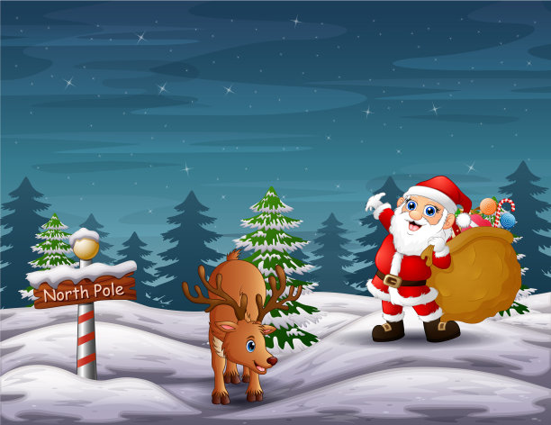 卡通圣诞老人和鹿在北极图片下载