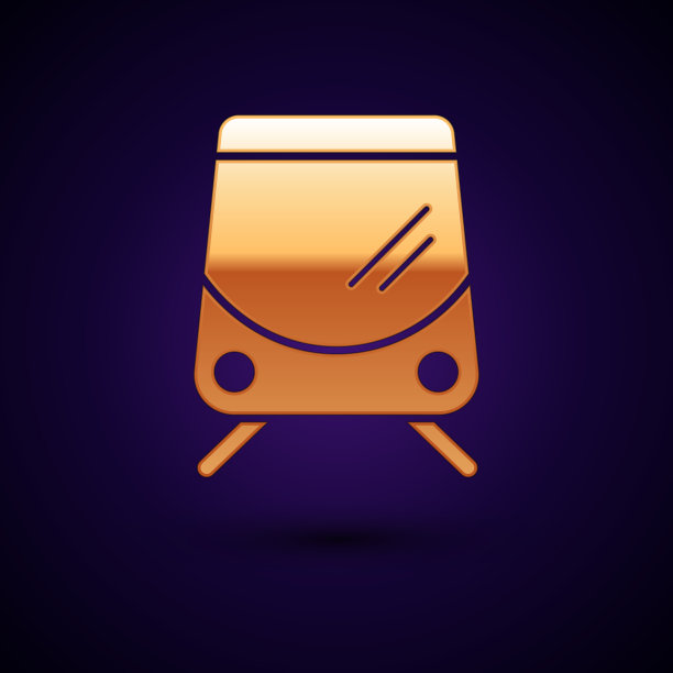 金色有轨电车和铁路图标孤立在深蓝色图片下载