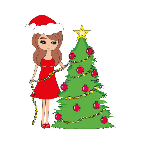漂亮的女孩装饰圣诞树图片下载