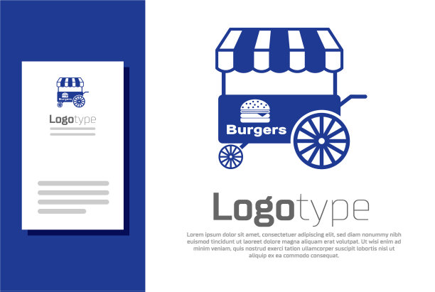 蓝色快速街头食品车与遮阳篷图标图片下载