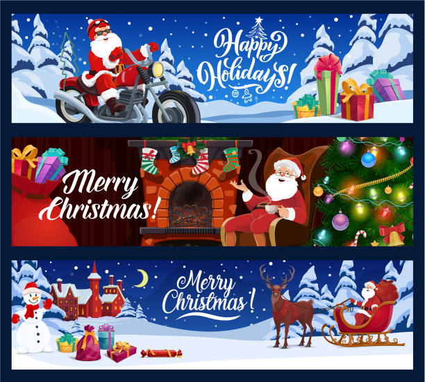 圣诞横幅圣诞老人摩托车上的礼物图片下载