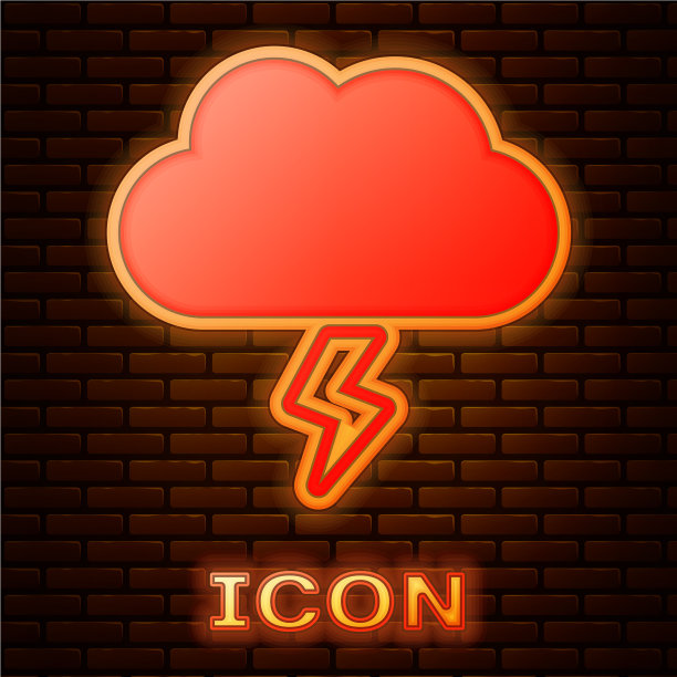 霓虹灯风暴图标孤立在砖墙上图片下载