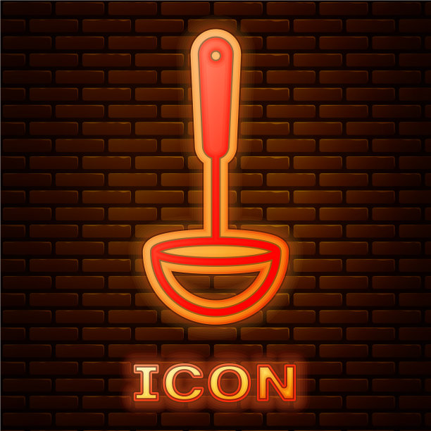 发光的霓虹灯厨房勺图标孤立在砖上图片下载