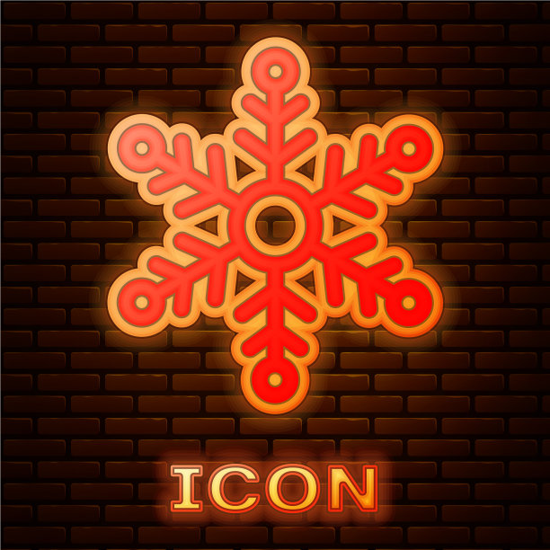 霓虹灯雪花图标孤立在砖墙上图片下载