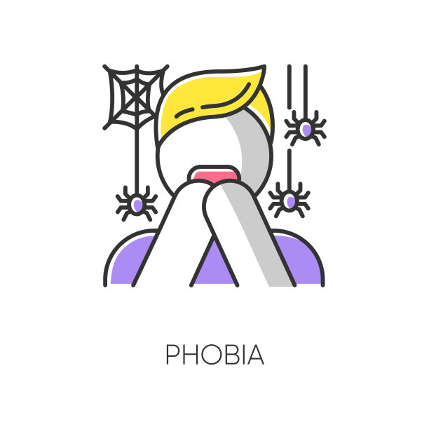 恐惧症颜色图标。对蜘蛛的恐惧。蜘蛛恐惧症。受惊的人，受惊的人。恐惧。惊恐发作。焦虑和痛苦。心理治疗。心理障碍。孤立的矢量图图片下载