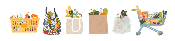 购物袋和篮子扁平图片下载
