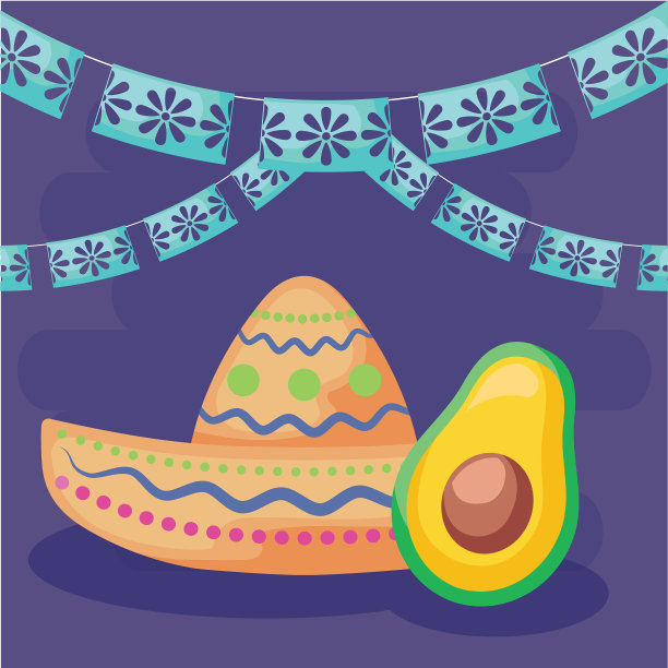 墨西哥帽子，牛油果和旗帜旗图片下载