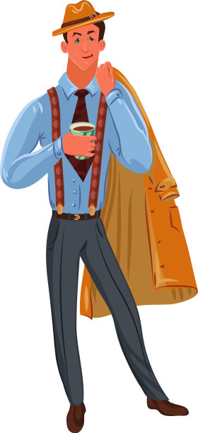 戴着棕色帽子，拿着杯子的经典侦探图片下载