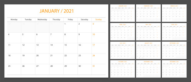 日历计划2021设计模板周开始周一。图片下载