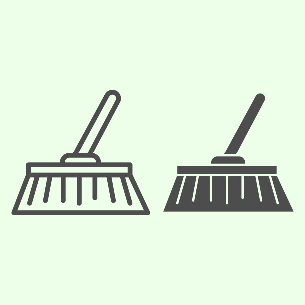 扫帚线和固体图标。家居清洁刷家用设备符号，轮廓风格象形文字上白底。家务或家庭工具矢量标志为网络和移动概念。图片下载
