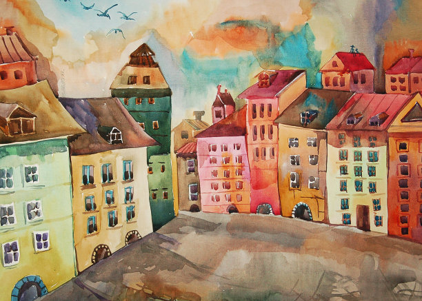 水彩画联排别墅建筑图片下载