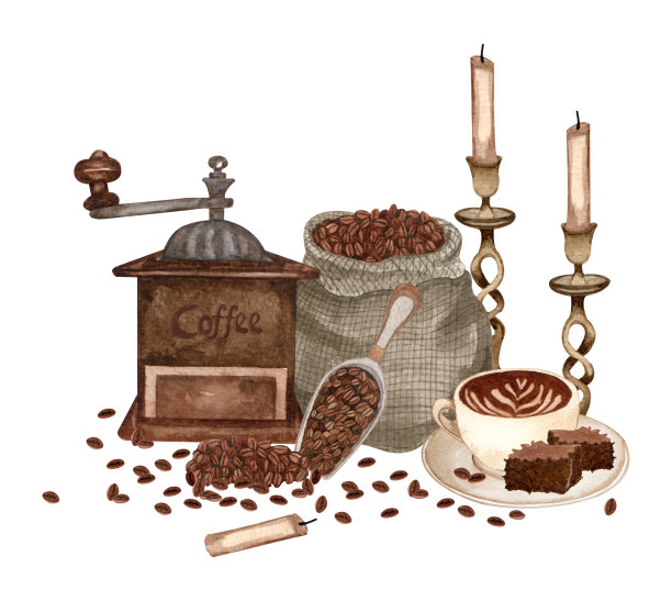 水彩咖啡。咖啡豆，老式咖啡机，茶壶。手绘咖啡构图。早餐美学。卡片，标志，菜单，设计。图片下载