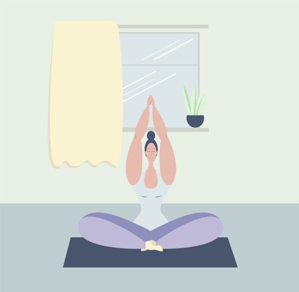 一个女人的无限性。一个年轻的女孩以莲花坐姿冥想。在家上瑜伽课。保持心理健康。心理平衡。身体的积极性。图片下载