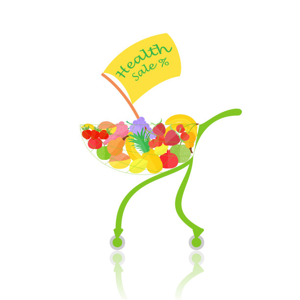 超市手推车与水果和旗帜隔离在白色图片下载