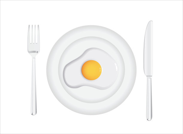 盘子与煎蛋叉和刀在背景矢量图片下载