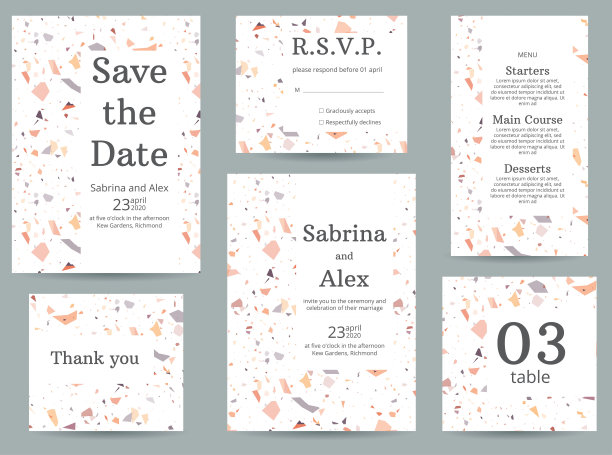 水磨石的婚礼的邀请。设置邀请，保存日期，感谢卡，回复，菜单和桌号，桃色水磨石背景。婚礼集图片下载