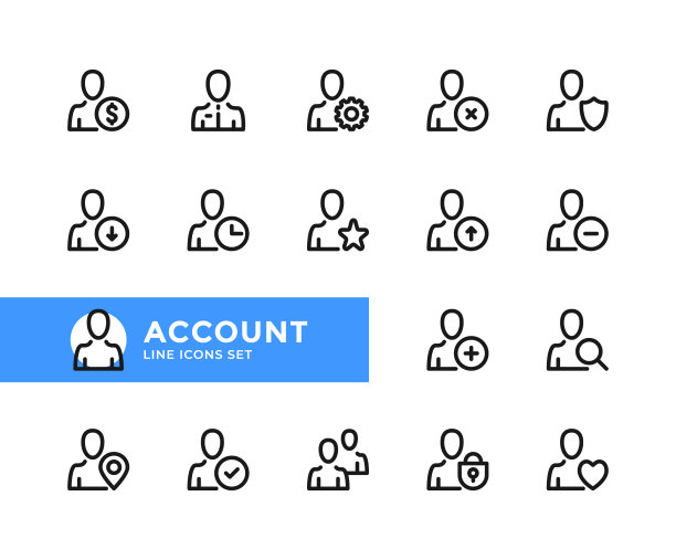 帐户矢量线图标。简单的一套轮廓符号，现代线性平面设计元素。账户的图标集。像素完美图片下载