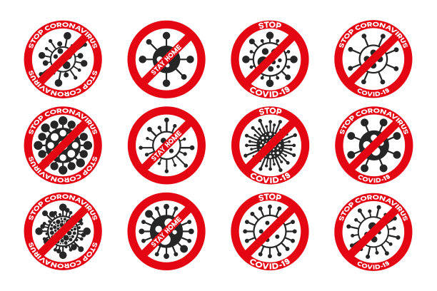 冠状病毒、新型冠状病毒、covid - 19标识的收集。警告标志。病毒卡通图标。红色停止符号。向量细菌设计图片下载