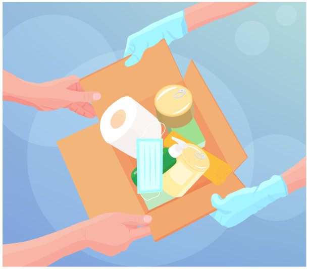 检疫隔离和冠状病毒流感疫情期间的食品安全运送。手戴乳胶手套。装有捐赠物品的盒子。待在家里，网上购物。矢量插图。图片下载