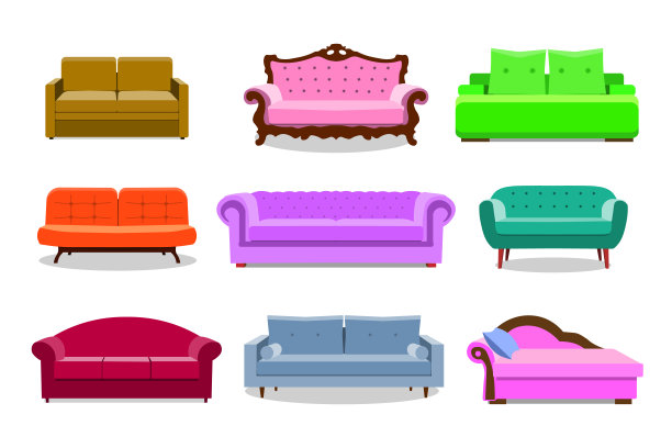 沙发色向量集。舒适的沙发集合隔离在白色背景的室内设计。沙发插图EPS集合图片下载