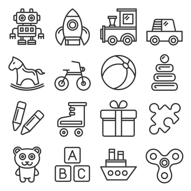 白色背景上的玩具图标集（线条风格）图片下载