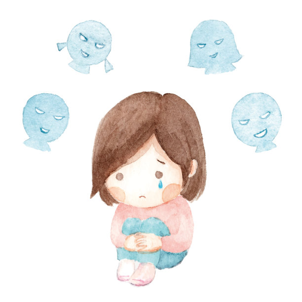 一个被欺负的孩子的水彩画。素材图片