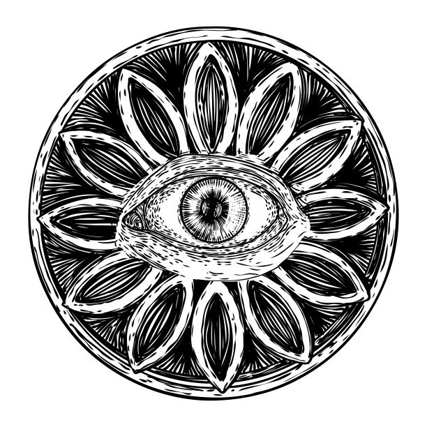 所有可视的眼睛或天意的眼睛在装饰背景神圣的几何学。古代神秘的圣公会象征。手绘炼金术，宗教和精神神秘学。阴谋论向量。图片下载