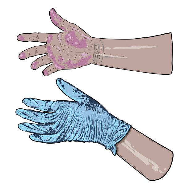 双手戴上一次性防护蓝手套。防护COVID-19和冠状病毒的医用乳胶手套。在医学上防止细菌和细菌的防护措施。图片下载