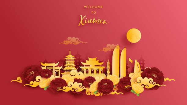 中国世界著名地标以金色和红色为背景图片下载