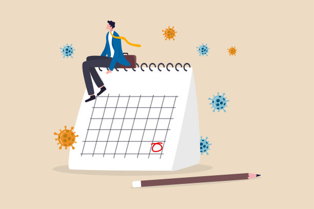 2019冠状病毒病隔离日程日历、2019冠状病毒病封锁后重新开业计划的概念、坐在桌面日历上思考封锁后的计划的商人企业主。图片下载