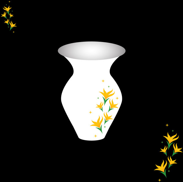 白色花瓶，黄色花朵图案，黑色背景图片下载