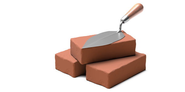 砌体的概念。金属镘手工具与木柄在棕色陶瓷砖孤立在白色背景。三维演示图片下载
