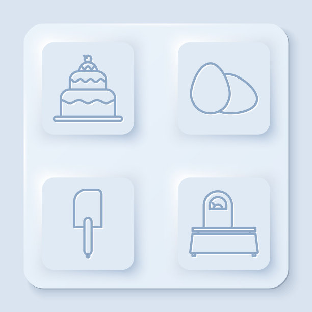 摆好蛋糕、鸡块、鸡蛋抹刀和天平图片下载