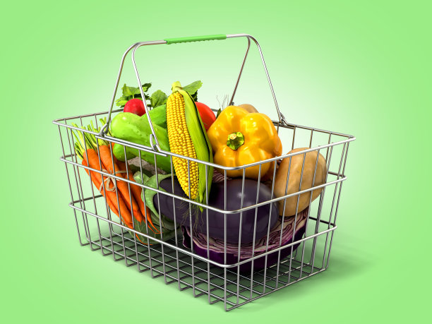 菜篮子与蔬菜的概念新鲜的食品销售3d渲染在绿色梯度图片下载